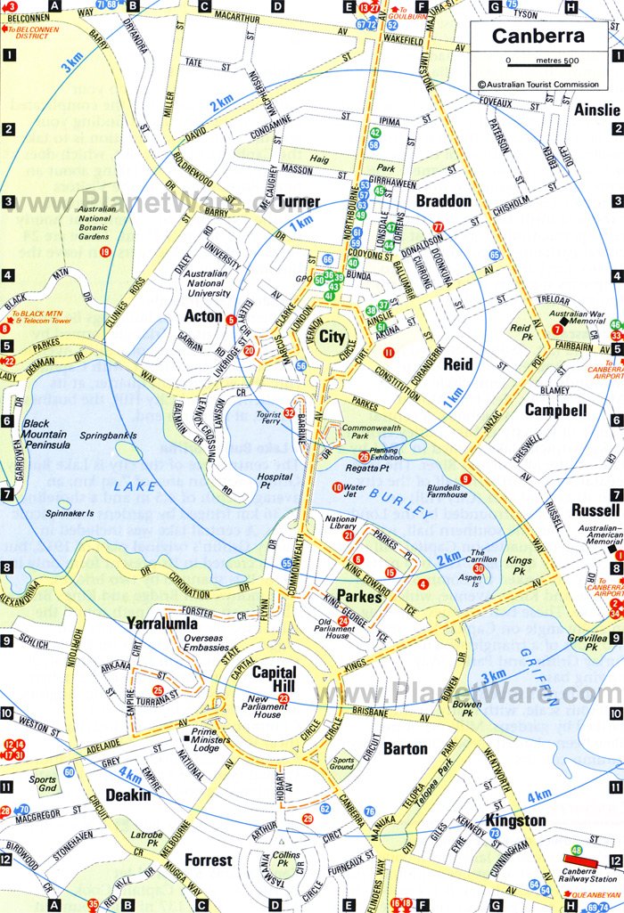 Canberra Map. Canberra, the capital of Australia, is inland from the coast, 