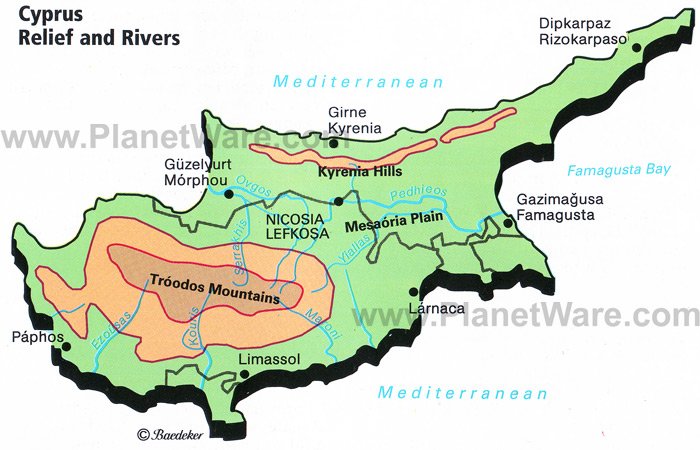 maps of cyprus. Cyprus Relief and Rivers Map