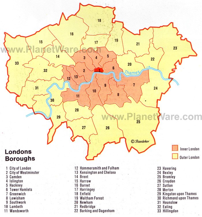 The London Boroughs cover a large area, expanding from the city of London.