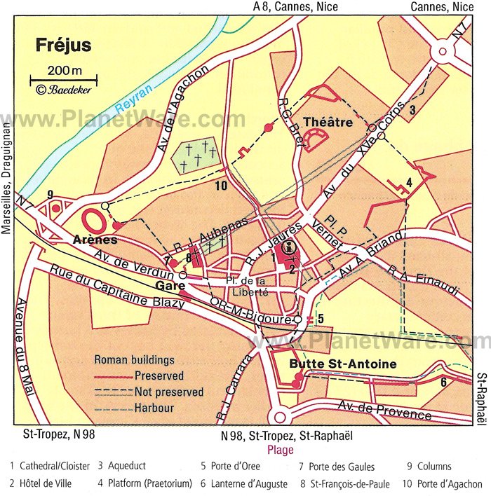 Туристическая карта Фрежюса с отмеченными достопримечательностями, отелями и ресторанами