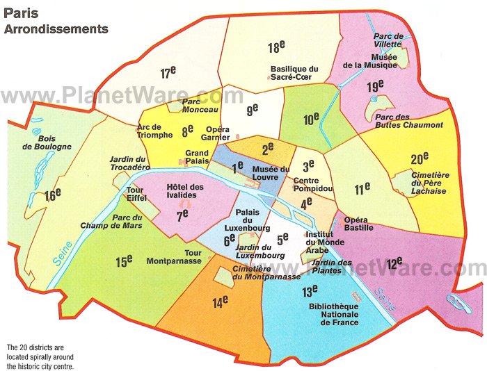 Paris districts map with main attractions in each one of them.