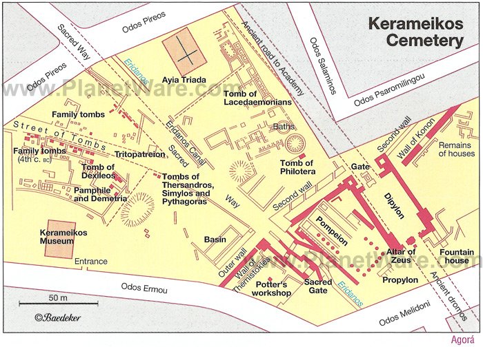 Athens - Kerameikos Cemetary Map. The Kerameikos Cemetery lies on both banks 