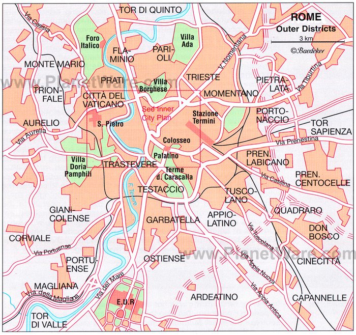 Spreading out from the city center are Rome's Outer Districts.