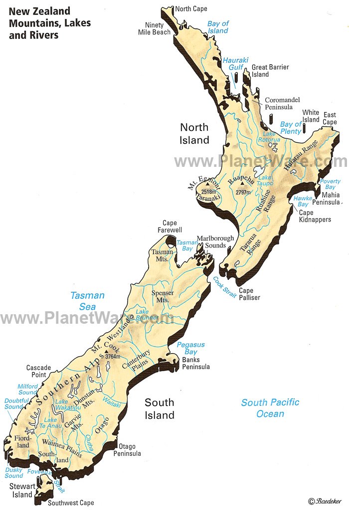 Some attractions within New Zealand - Mountains, Lakes & Rivers Map: