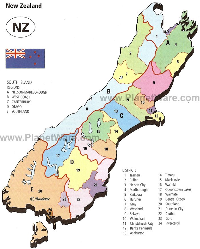 New Zealand - South Island Regions and Districts Map