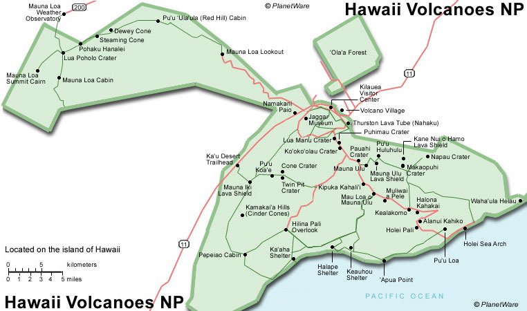 Some attractions within Hawaii Volcanoes NP Map: