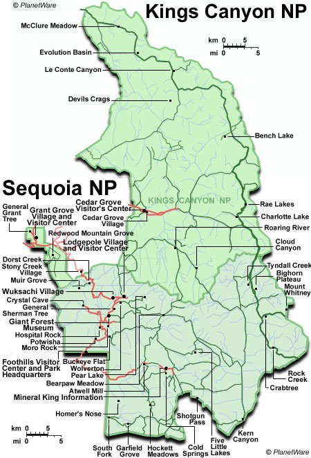 Some attractions within Kings Canyon and Sequoia National Parks Map: