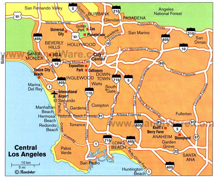 Los Angeles (Central) Map. Central Los Angeles includes Venice City Beach, 