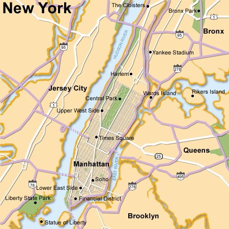 new york map city. New York City and the
