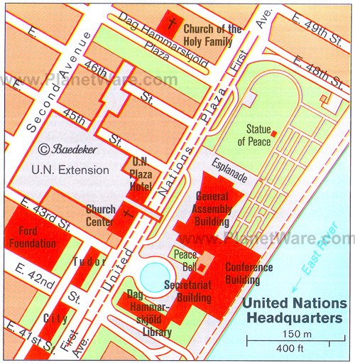 The United Nations Headquarters in Lower Midtown New York spans 18 acres and The United Nations Headquarters in Lower Midtown New York spans 18 acres and
