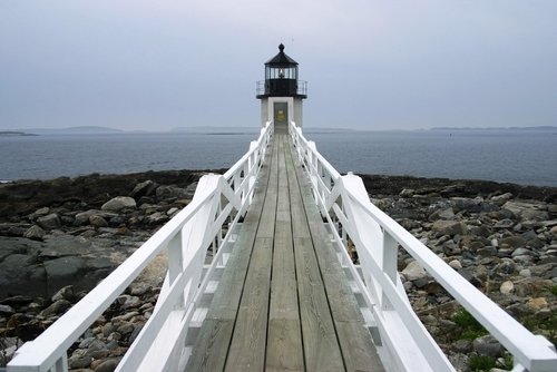 Boardwalk and lighthouse at Acadia National Park.