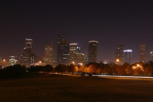 Houston skyline at night with city light.s.