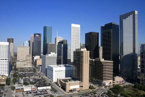 The glass buildings of the Houston skyline.