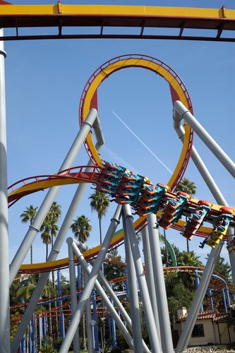 Tight loops of roller coaster at Knott's Berry Farm in Buena Park.