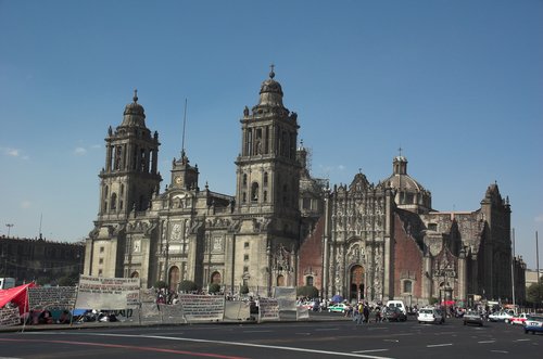 The predominantly Baroque facade of the Cathedral on the Zócalo in Mexico 