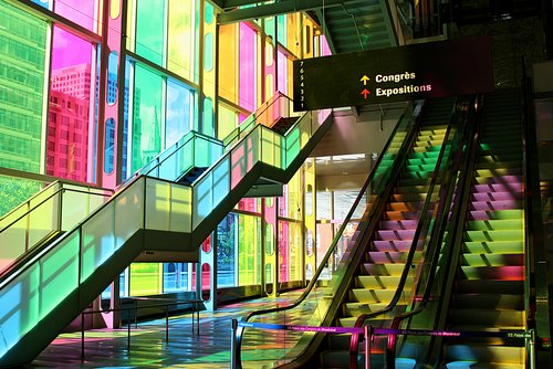 Colored glass in the Palais des Congras building in Montreal. Colored glass in the Palais des Congras building in Montreal.