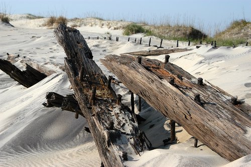 Remains of a shipwreck in the sand on the Outer Banks. North Carolina 