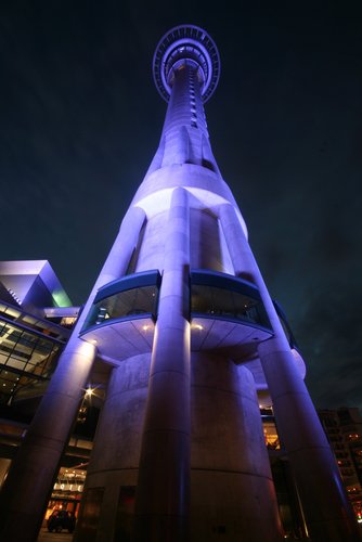 The Sky tower at night in Auckland.