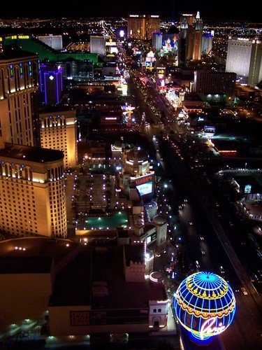 Aerial view of the Las Vegas strip at night.