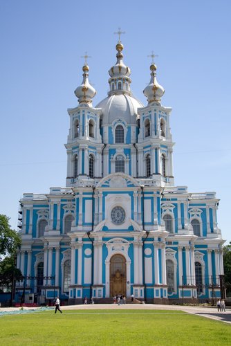 The blue and white Smolny Cathedral in Saint Petersburg.