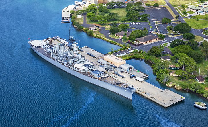 Aerial View of the USS Missouri Battleship in Pearl Harbor