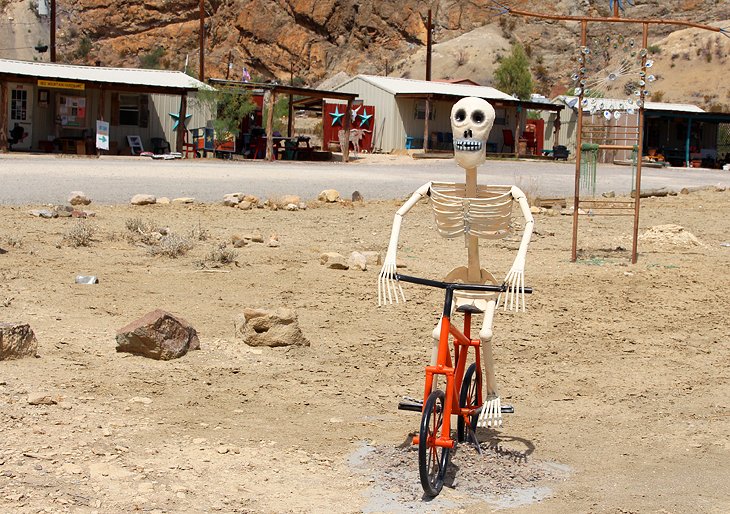Skeleton on a bike in Terlingua