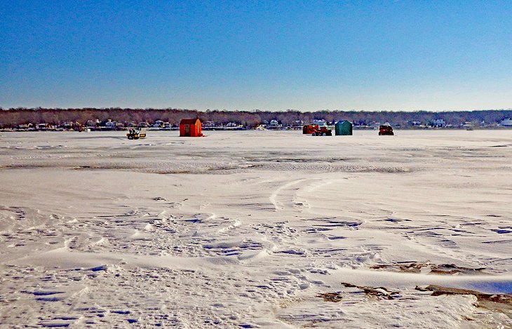 Ice fishing cabins on Lake Erie