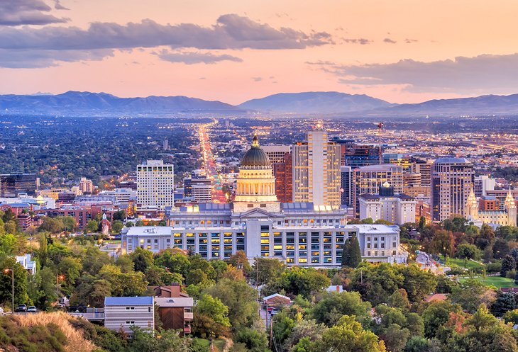 View of downtown Salt Lake City at sunset