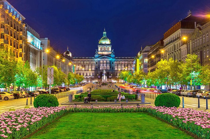 Wenceslas Square and the National Museum at night