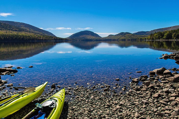 Kayaks at Eagle Lake in Acadia National Park
