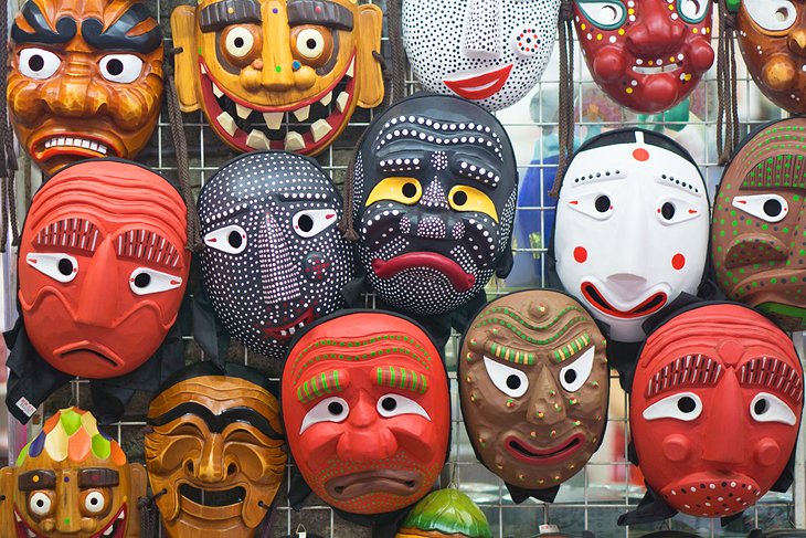 Traditional Korean masks at a store in Insadong
