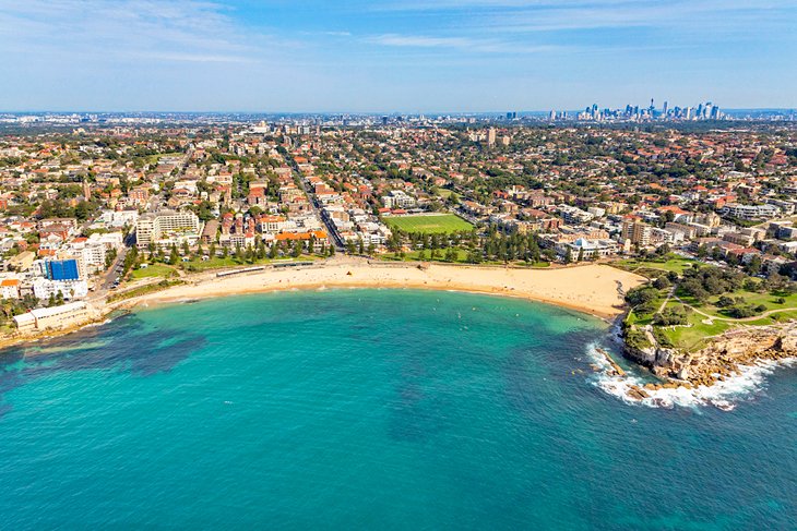 Aerial of Coogee Beach with the Sydney CBD in the distance