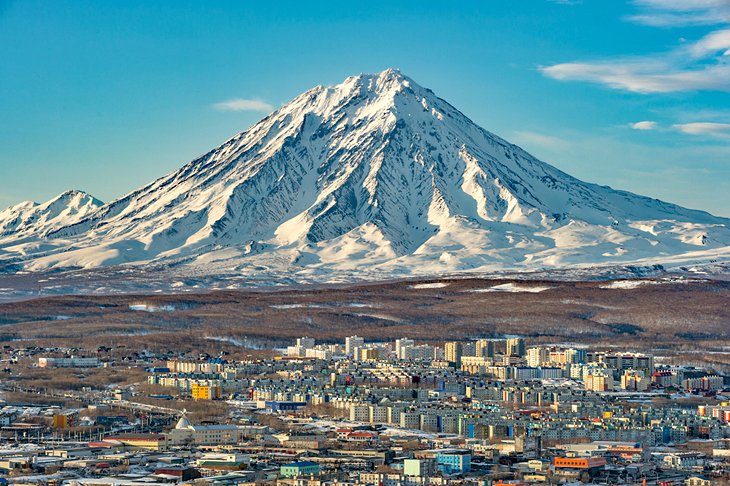 Snow-covered volcano in Petropavlovsk-Kamchatsky