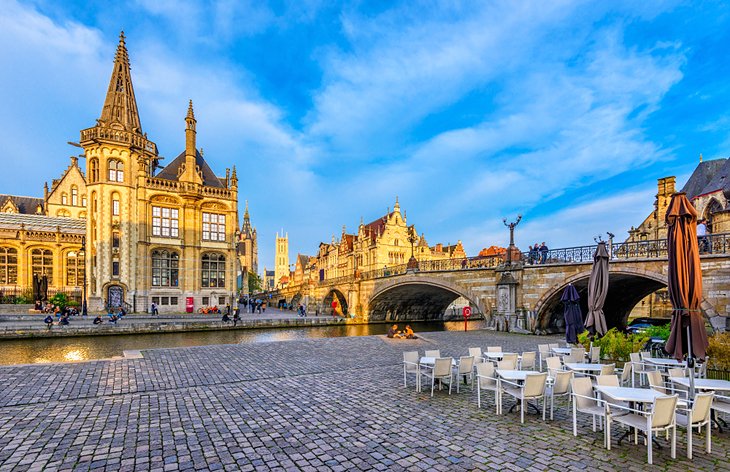 View of the Leie River and St. Michael's Bridge in Ghent