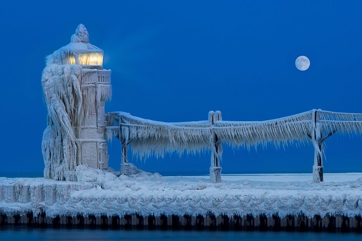 St. Joseph North Pier Lighthouse covered in ice