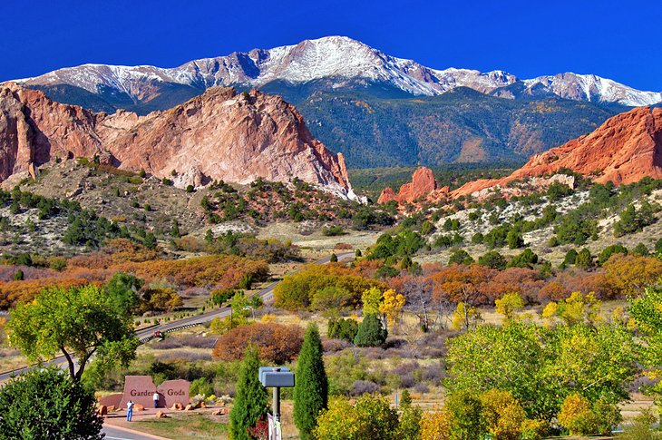 View over Garden of the Gods Park with Pikes Peak in the distance
