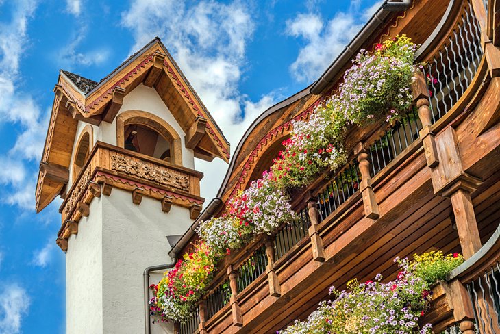 Bavarian building and flowers in Vail Village