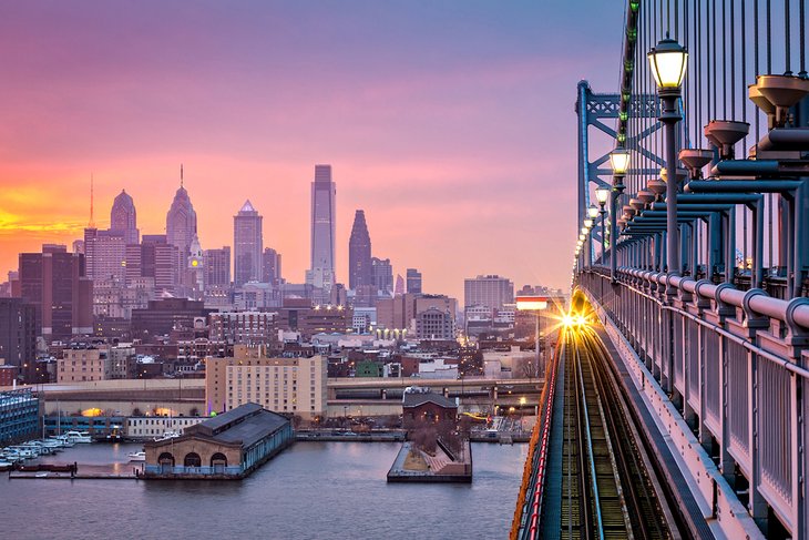 Train crossing the Ben Franklin Bridge in Philadelphia
