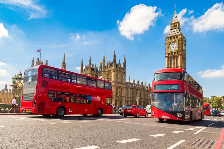 Double-decker buses and Big Ben, London, England