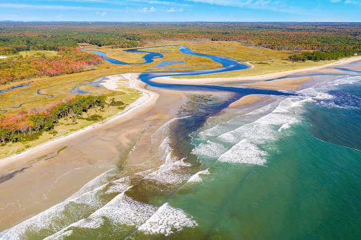 Aerial view of the beach at Wells National Estuarine Research Reserve