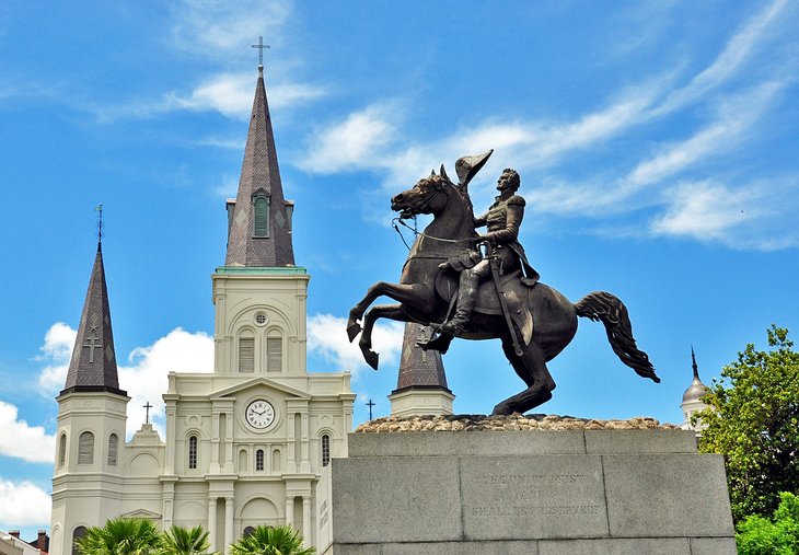 Statue of Andrew Jackson with St. Louis Cathedral in the background, French Quarter, New Orleans
