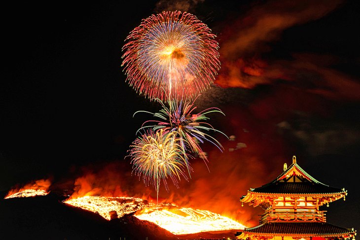 Fireworks and the mountain burning at Mt. Wakakusa