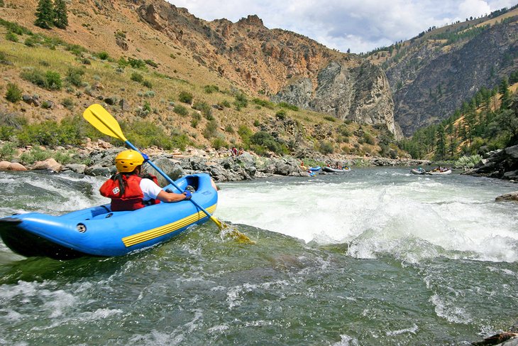 Inflatable kayak going over Tappan Falls on the Middle Fork of the Salmon River