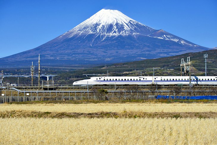 Shinkansen Bullet Train going past Mount Fuji