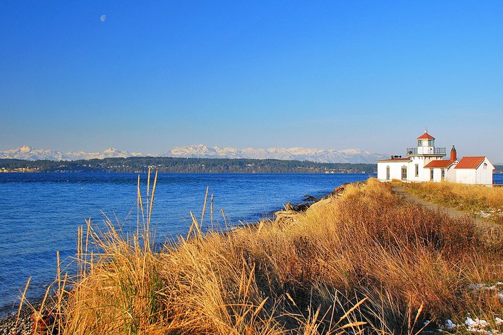 West Point Lighthouse in Discovery Park on a sunny winter's day