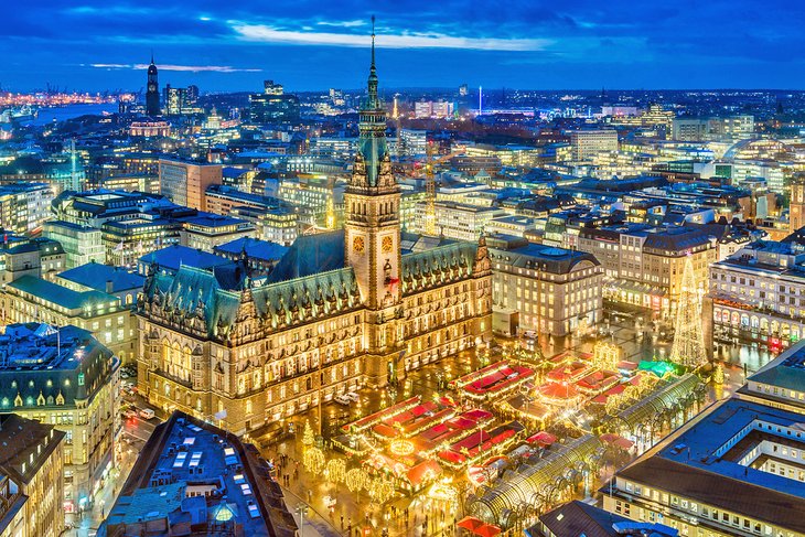 Aerial view of Hamburg and the Christmas market