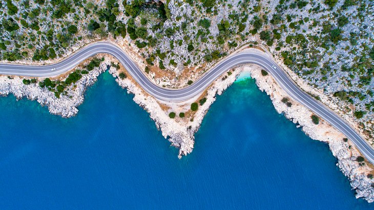 Aerial view of the road along the water near Antalya