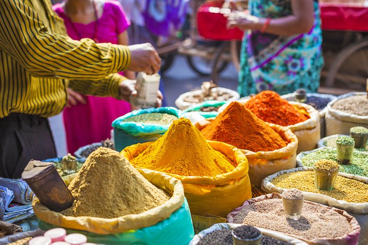 Colorful spices at a street market in Delhi