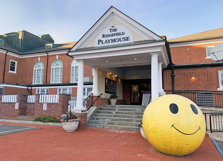 A gigantic happy face ball was placed at the entrance of the Ridgefield Playhouse as part of the Smiley Face Project
