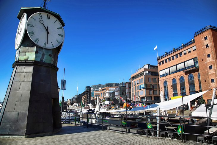 Clock tower on a dock at Aker Brygge